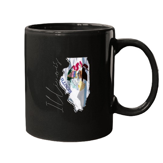 Illinois State Flag in Illinois State Map IL Mugs