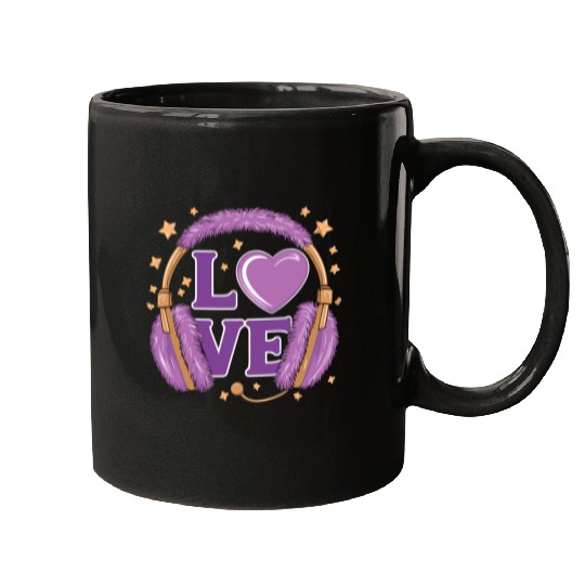 Purple Love Music Headphones with Stars and Heart Mugs
