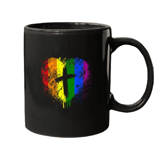 Rainbow Heart with Cross Gay Pride LGBT Christian Mugs