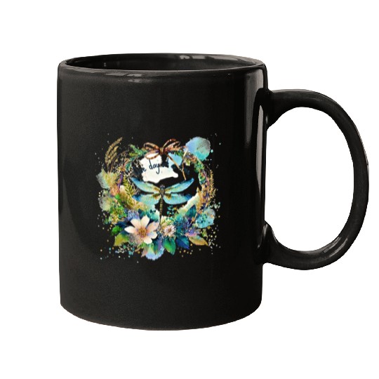 One day at a time dragonfly floral Mugs