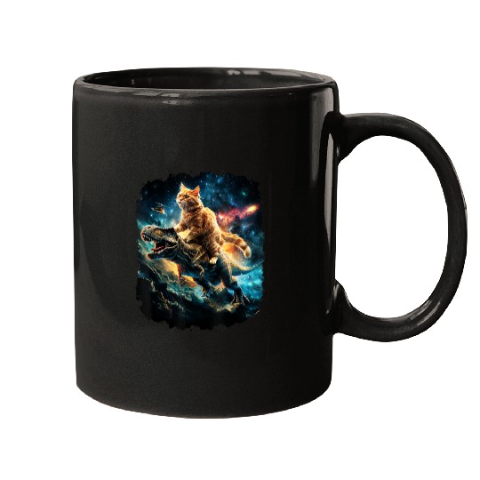 Cat Riding Dinosaur Rex Mugs