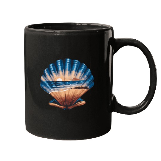 Seashell Beach Scene Serene Ocean Landscape Mugs