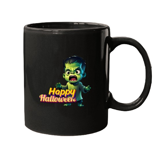 Little Cute Green Zombie Expressing Fear Mugs