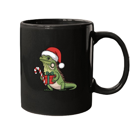 Christmas Iguana Present Candy Cane Santa Hat Mugs