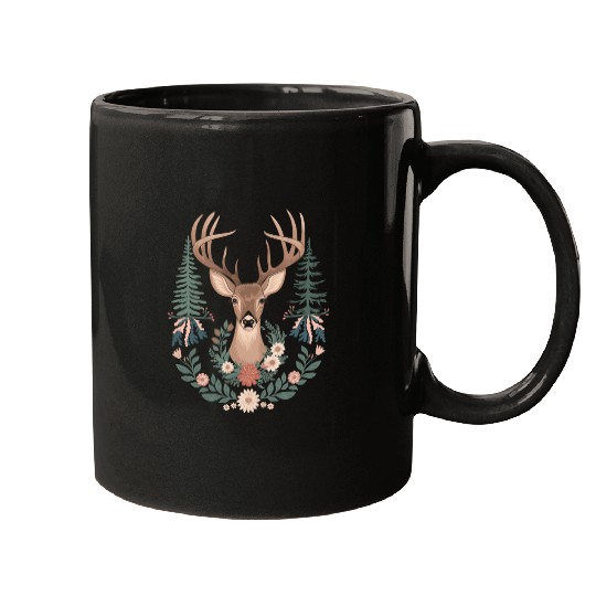 Cottagecore Deer with Floral Wreath and Evergreen Mugs