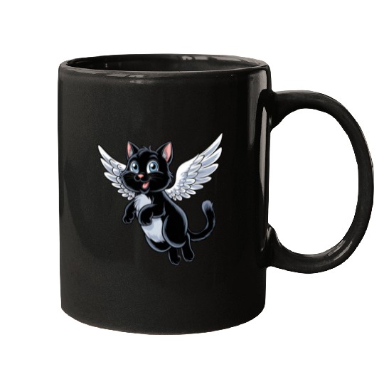 Black Cat with Angel Wings Mugs