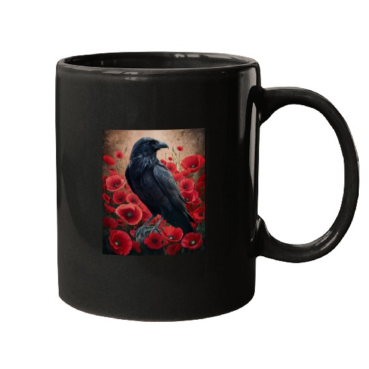 Raven Red Poppies Gothic Nature Art natural Mugs