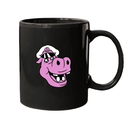 Old Hippo Captain Face Funny Cute Cartoon Comic Mugs
