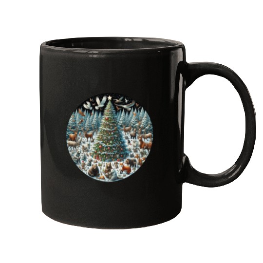 Snow-Dusted Christmas Tree with Woodland Animals Mugs