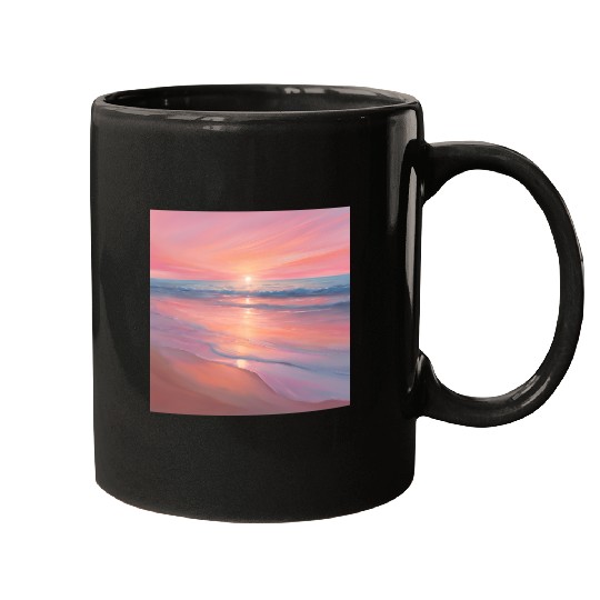 Pink Sunset Ocean Scene Mugs