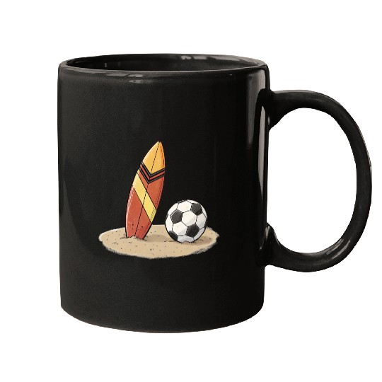 Surfboard and soccer ball in the sand Mugs