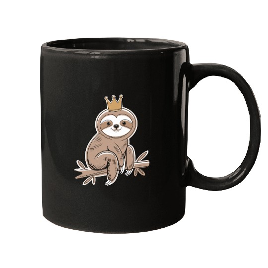 Cute Sloth with Royal Crown Relaxing on Branch Mugs