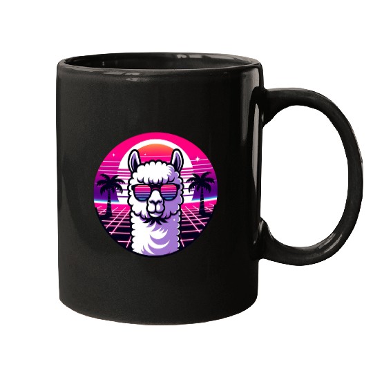 Retro Sunset Llama with Sunglasses in Neon Vibes Mugs