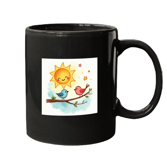 Cheerful Sun and Heart Illustration Mugs