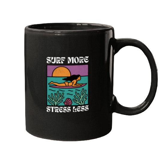 Surf More Stress Less | Tropical Sunset Surf Girl Mugs