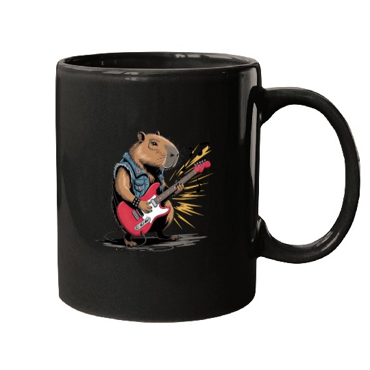 Cool Capybara Playing Electric Guitar Mugs