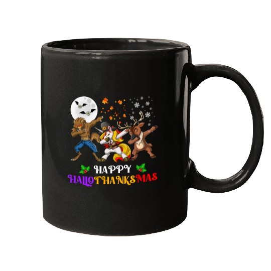 Happy Hallothanksmas Dabbing werewolf Unicorn Deer Mugs