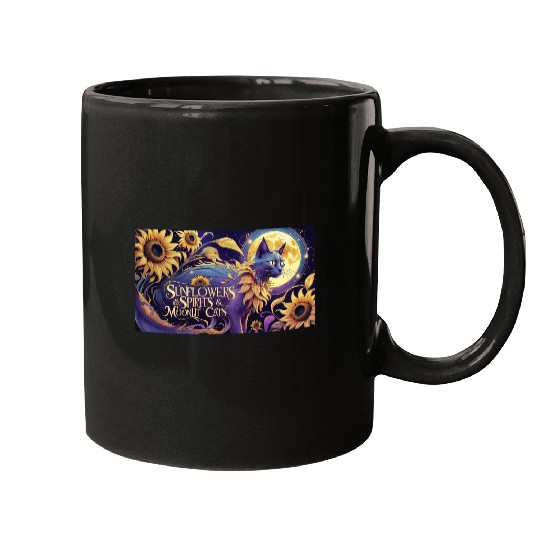 Celestial Cat Among Sunflowers and Moonlit Night Mugs