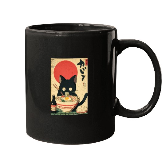 Ramen Cat Retro Poster Mugs