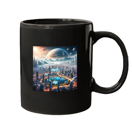 Futuristic Cityscape with Alien Planets Sci-Fi Mugs