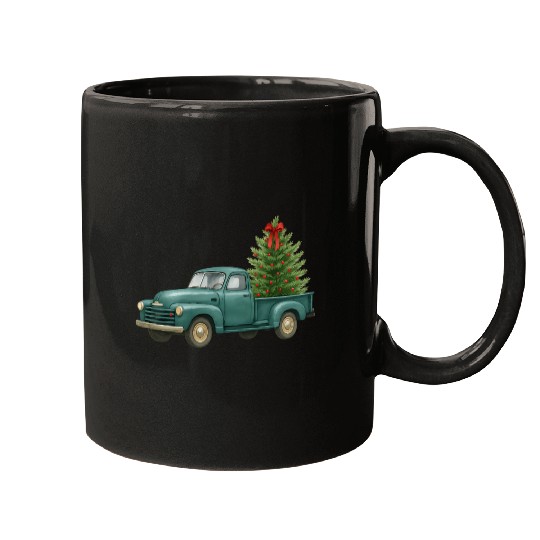 Vintage Green Truck Christmas Tree Mugs