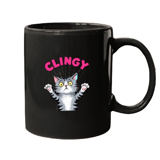 Humorous Clingy Cat Illustration Mugs