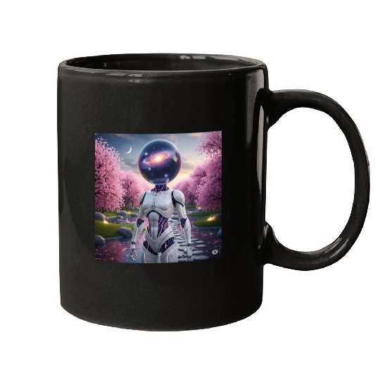 Futuristic Robot in Cherry Blossom Paradise Mugs