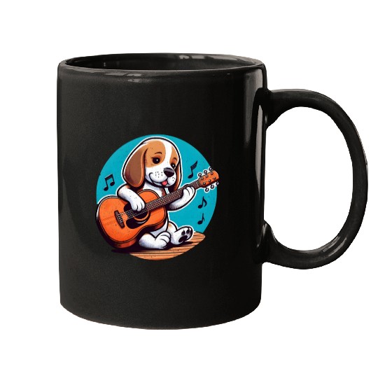 Playful Puppy Guitar Illustration Mugs