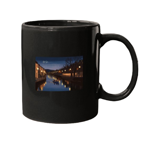 Serene Night Riverside Boat Scene Mugs
