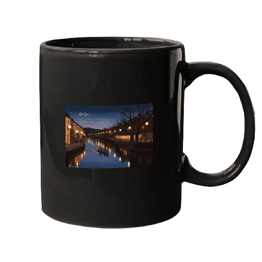 Serene Night Riverside Boat Scene Mugs