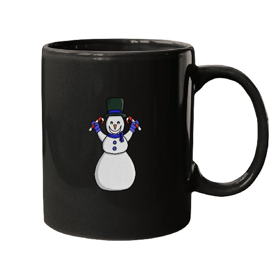 Festive Snowman with Candy Cane and Gloves Mugs
