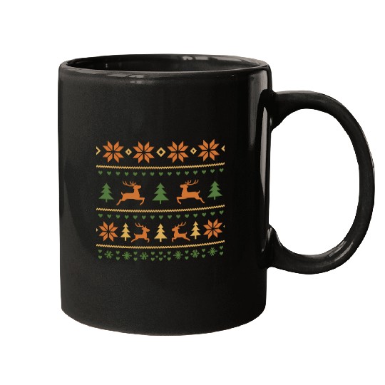 Festive Winter Reindeer and Snowflake Pattern Mugs