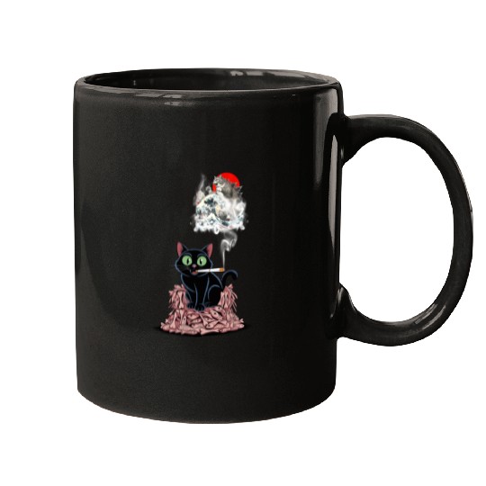 Black Cat Smoking Cigarette Catzilla Mugs