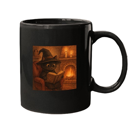 Enchanted Cat Witch by the Fireplace Mugs