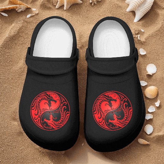 Yin Yang Dragons Red and Black Nurse Clogs