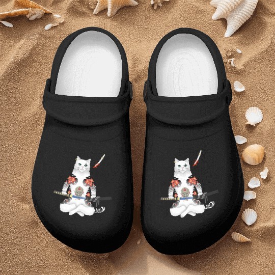 Japanese Samurai Cat Katana Ninja Yakuza Tattoo Nurse Clogs