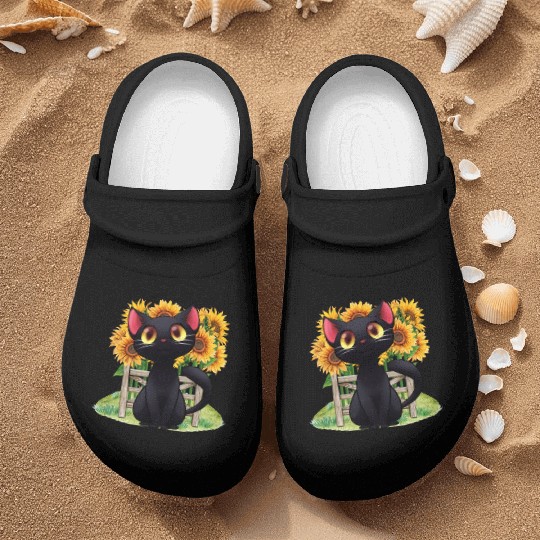 Black Cat With SunFlowers, Gifts For Kitten Lovers Nurse Clogs