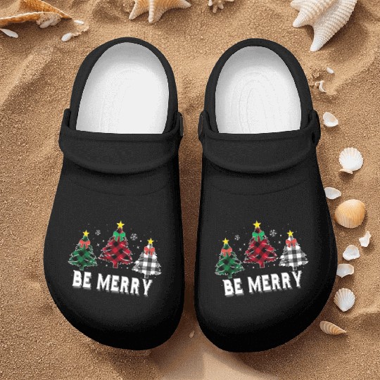 Be Merry Christmas Tree Buffalo Plaid Family Nurse Clogs