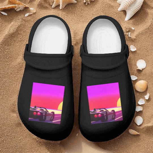 Synthwave Outrun Sports Car Beach Sunset Nurse Clogs