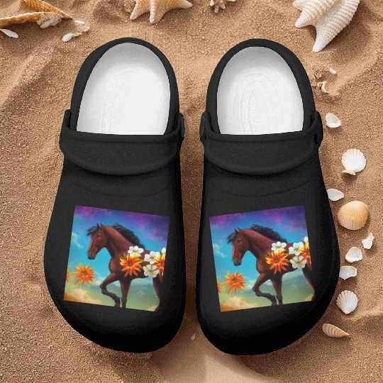 Brown horse with orange white flowers drawing Nurse Clogs