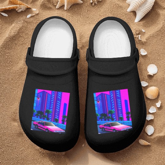 Vaporwave Car Synthwave City Nurse Clogs