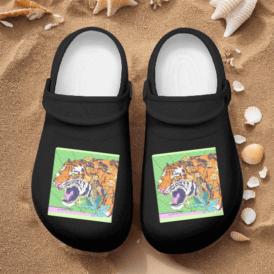 Tiger in a flower garden in a retro fantasy design Nurse Clogs