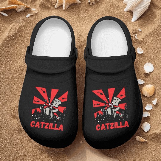 Catzilla funny cat Japanese Sunset Nurse Clogs