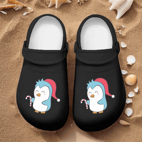 Cute Penguin with Christmas Hat and Candy Cane Nurse Clogs