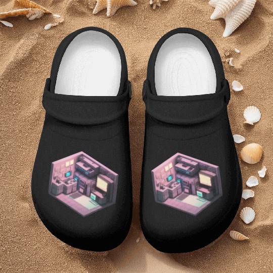 Synthwave Isometric Voxel Bedroom - Future Room Nurse Clogs