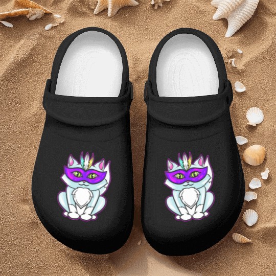 Cute Kawaii Cat With Purple Mask For Mardi Gras Nurse Clogs