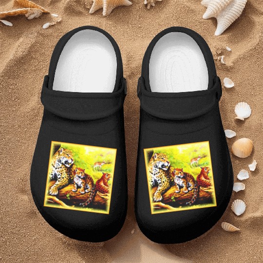 Jaguar Mom and Cubs Relaxing in Jungle. Buy Now Nurse Clogs