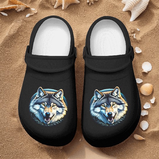 A fierce wolf howling at the moon Nurse Clogs
