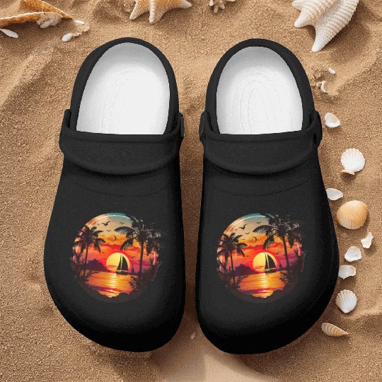 Beach Sunset Sailboat Palm Trees Ocean Vacation Nurse Clogs