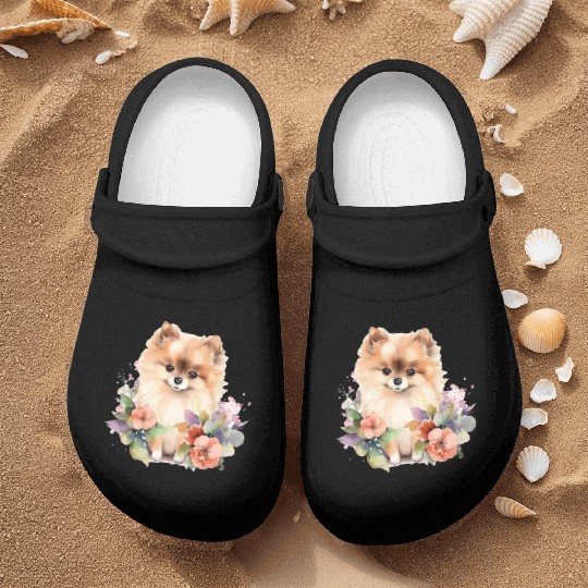 Pomeranian Dog Watercolor Floral Nurse Clogs